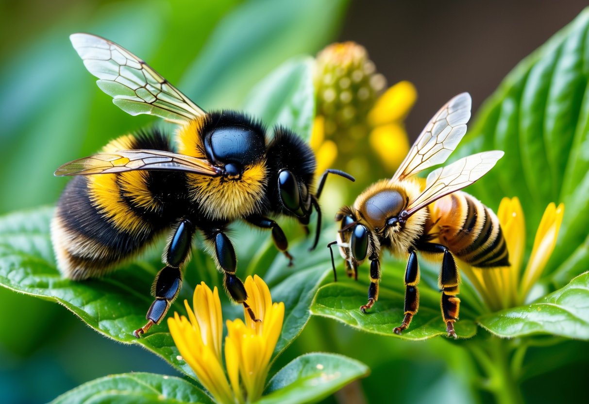A close-up image showing a bumblebee and a honey bee on separate flowers, highlighting their size and color differences.