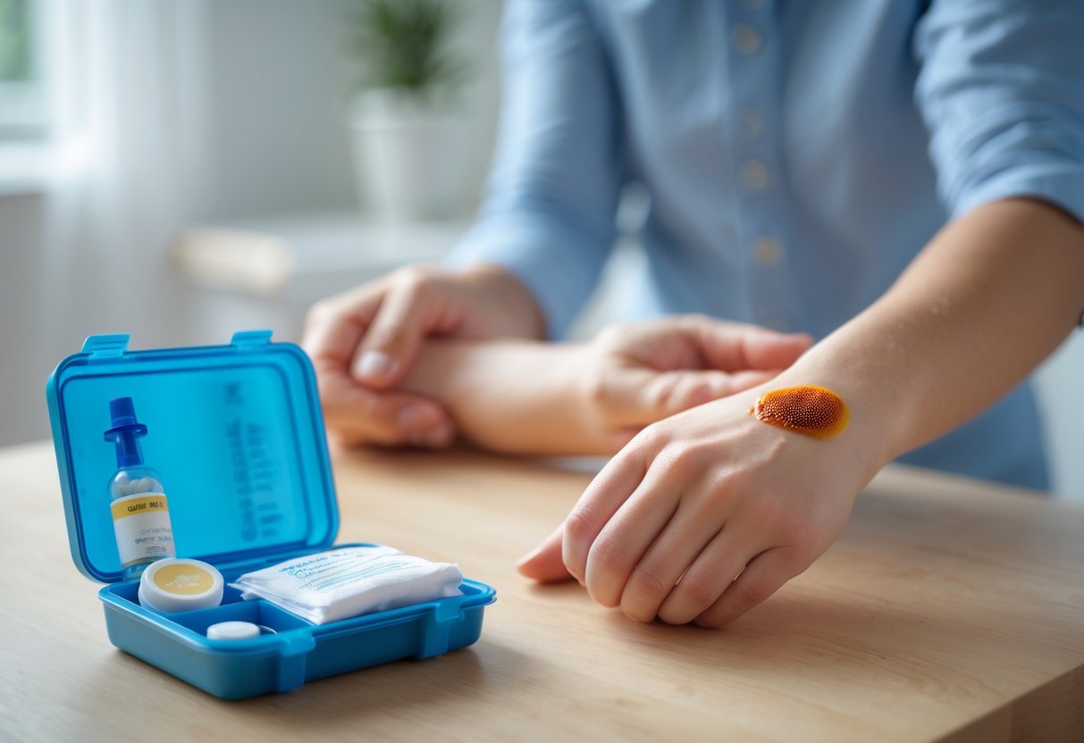 A person’s hand with a swollen bee sting next to an open medical kit containing an epinephrine auto-injector and cold compress, with another person gently holding their arm.