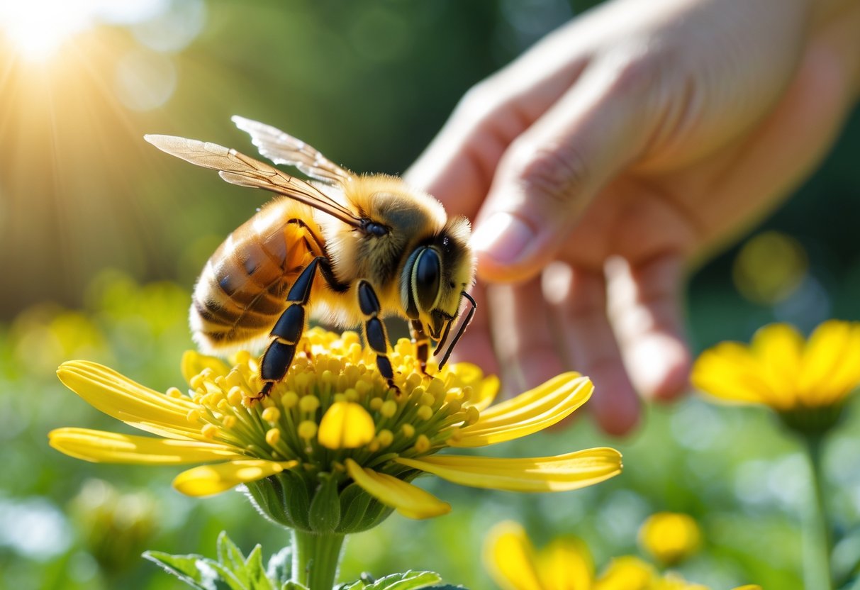 A honey bee on a yellow flower with a person's hand reaching toward it in a garden.