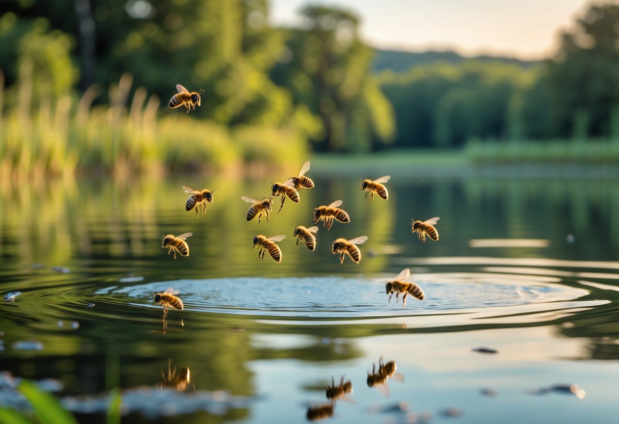 Honeybees hovering just above the surface of a calm lake surrounded by trees and plants.
