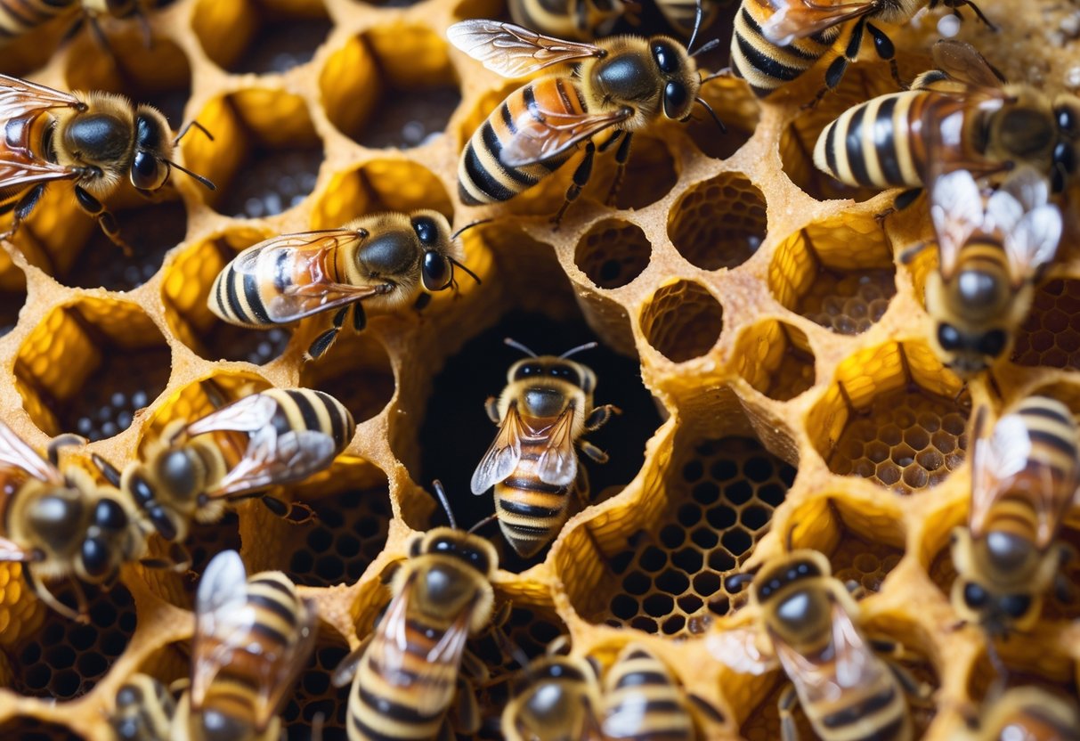 Close-up of bees clustered around an empty queen cell inside a honeycomb-filled beehive.