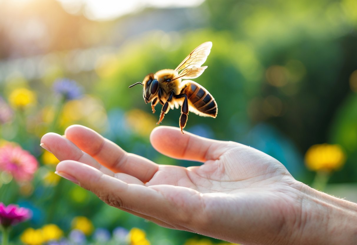 A bee flying close to a human hand in a garden with flowers and green plants.