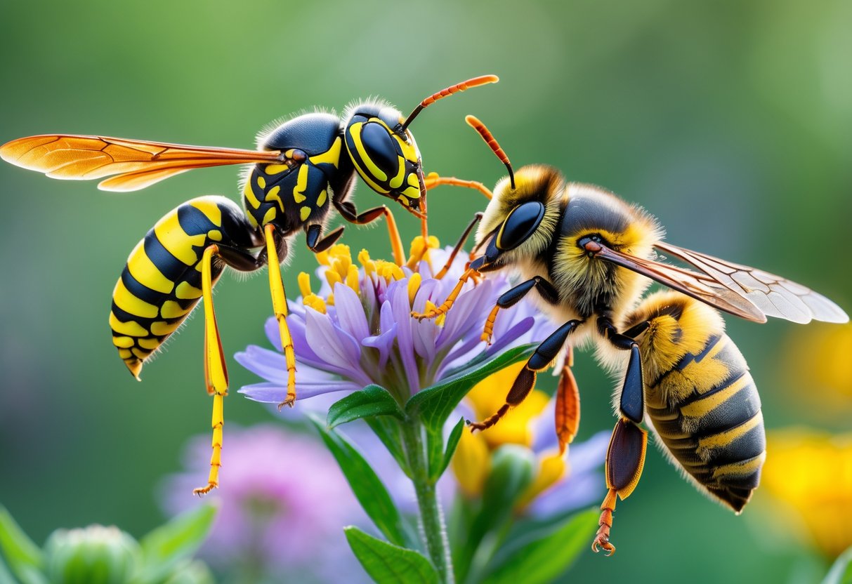 A close-up of a wasp and a honey bee on flowers, showing their different shapes and colors.