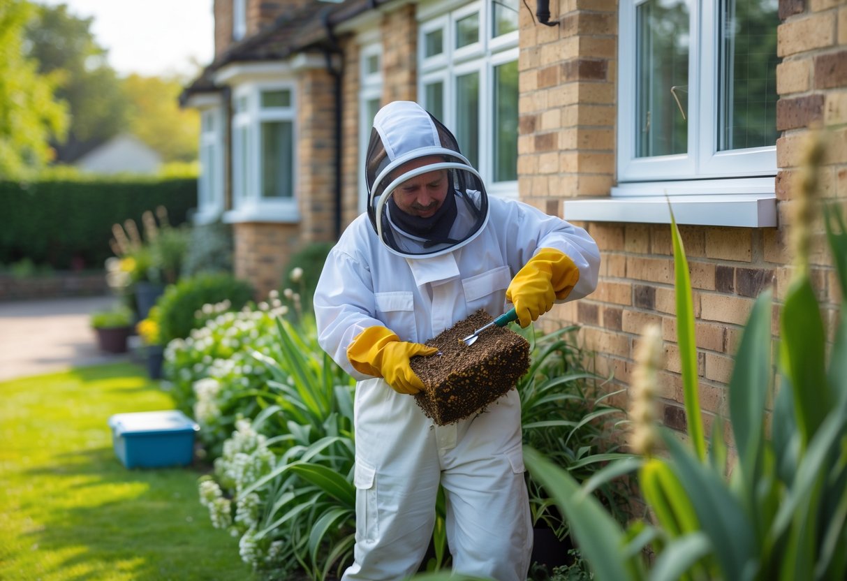 A person in protective clothing removing a bees' nest from the outside wall of a UK house during the day.
