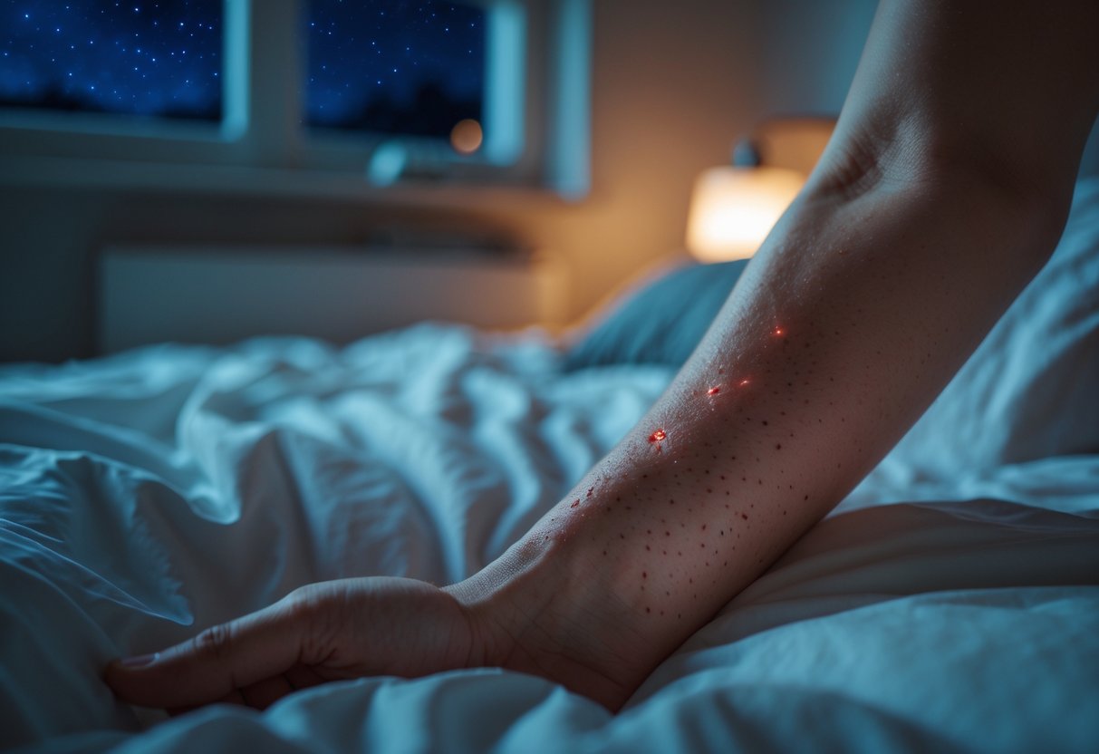 Close-up of a person's arm with red insect bites in a dimly lit bedroom at night.