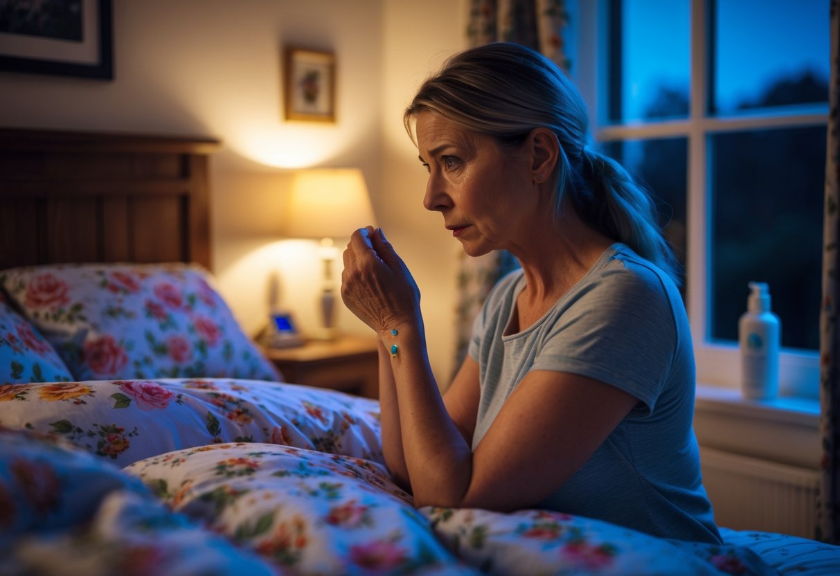 A woman in a bedroom at night checking her arm for insect bites with a bedside table and window in the background.