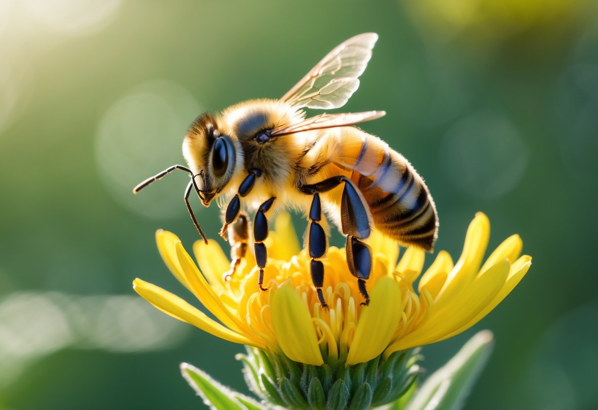 A close-up of a honeybee on a yellow flower with slightly ruffled wings and extended legs, appearing to struggle in mid-flight against a blurred green background.