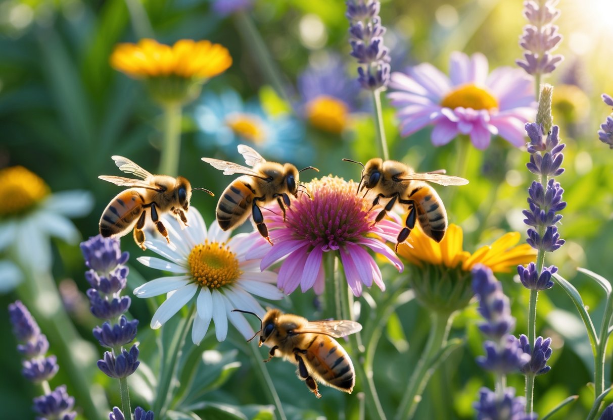Bees pollinating colorful flowers in a garden with green foliage in the background.