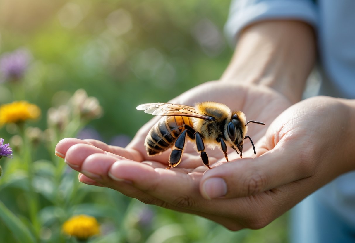 A person gently holding a weak bee in their hand outdoors with flowers and greenery in the background.
