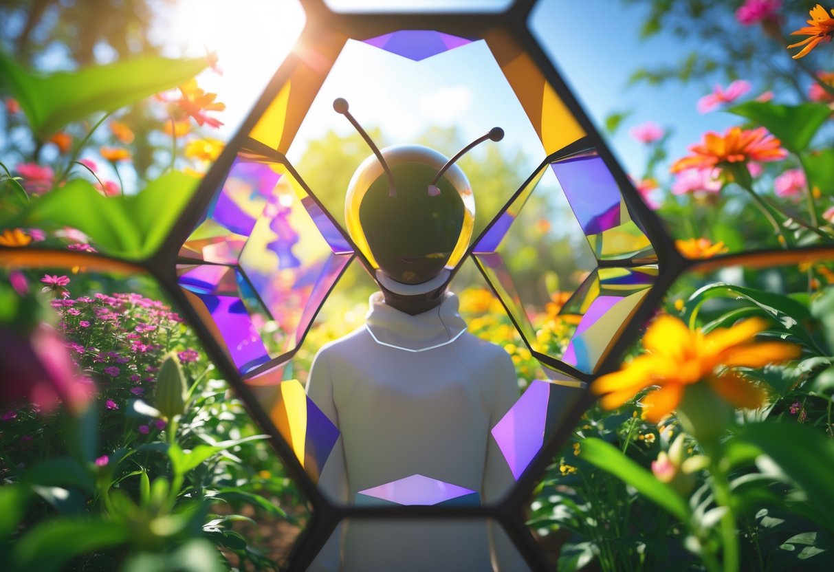 A human figure seen through a kaleidoscopic honeycomb pattern with colorful flowers and green leaves in the background.