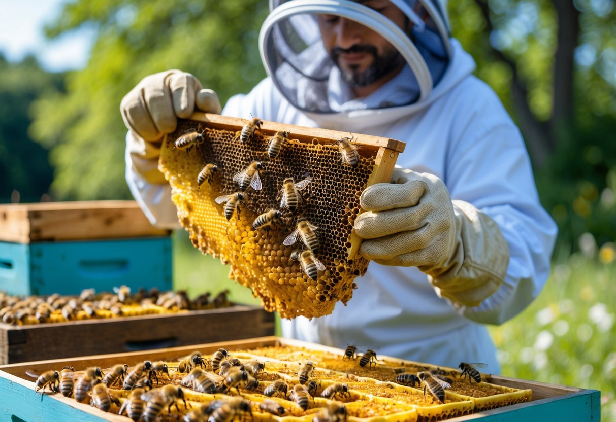 Beekeeper holding a honeybee-covered honeycomb frame in an outdoor apiary surrounded by green trees.