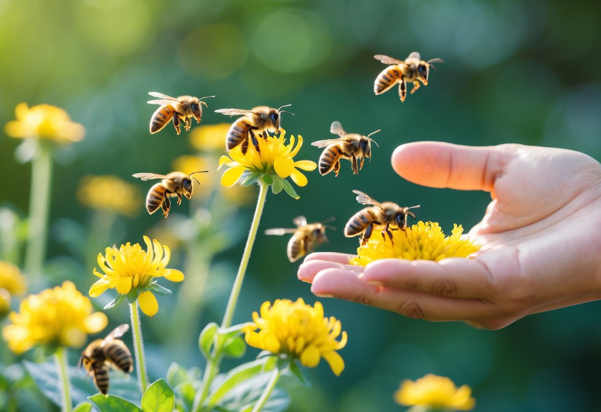 A person calmly observing bees near yellow flowers outdoors.