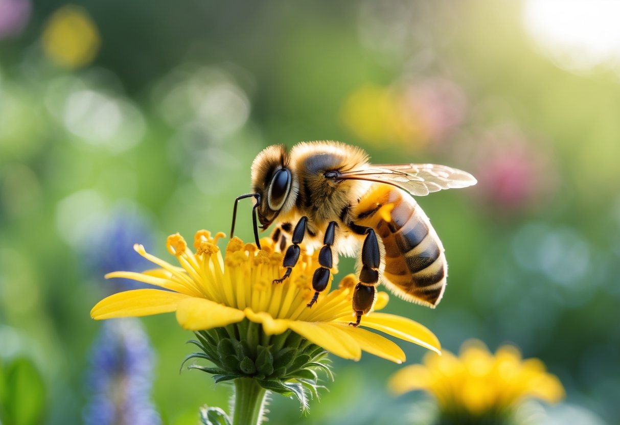 A honeybee resting on a yellow flower in a garden with green plants in the background.