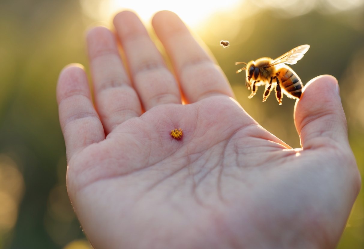 Close-up of a hand with a bee sting showing slight redness and swelling, with a honeybee flying nearby.