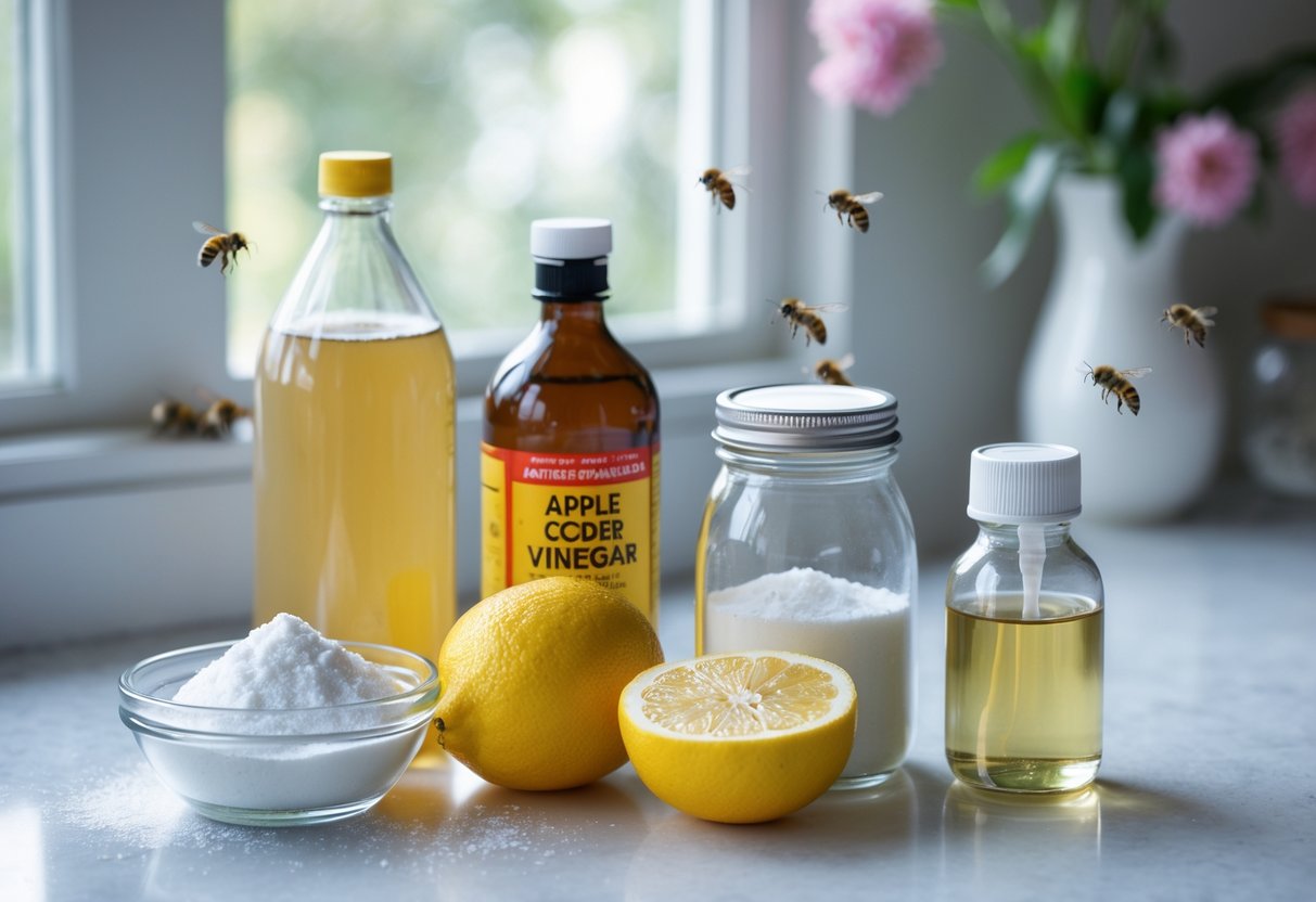 A kitchen countertop with natural ingredients like baking soda, apple cider vinegar, lemon, sugar, and a spray bottle arranged for making a homemade bee repellent.