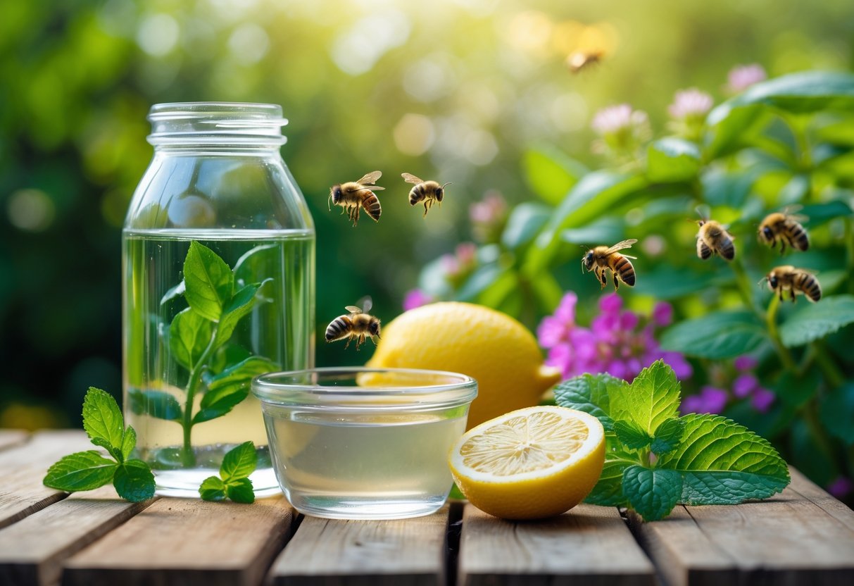 Close-up of natural homemade bee killer ingredients on a wooden table with various bee species on flowers and leaves in a garden.