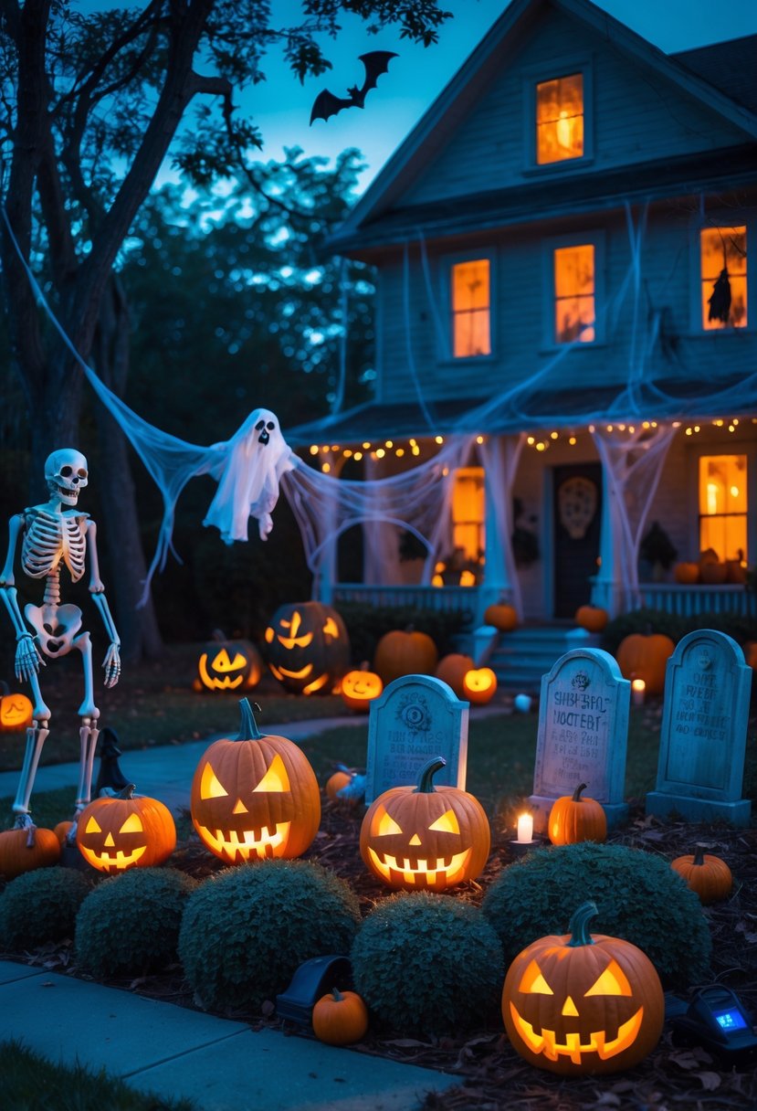 Scary Halloween Decorations 2025: Ideas to Transform Your Haunted Setup 2 A yard decorated with scary Halloween decorations including skeletons, carved glowing pumpkins, cobwebs, tombstones, and ghosts at dusk.