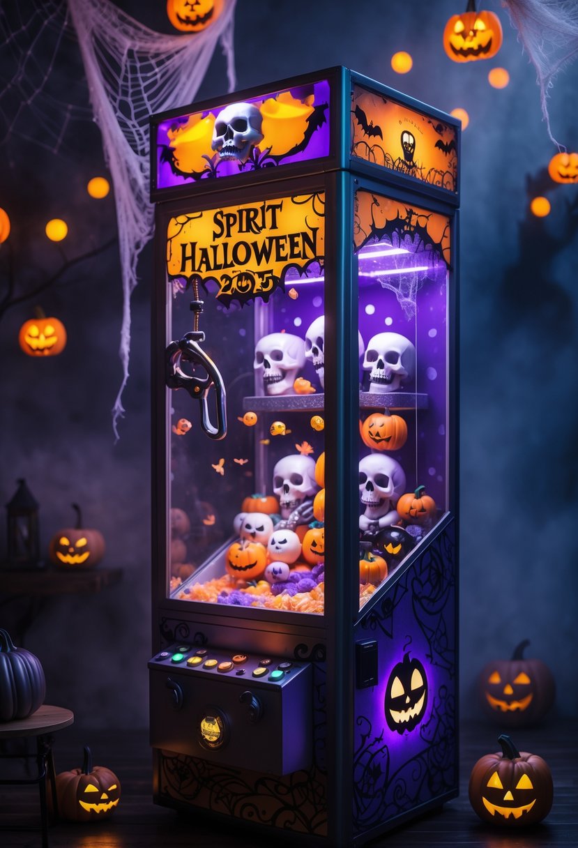 Scary Halloween Decorations 2025: Ideas to Transform Your Haunted Setup 3 A Halloween-themed claw machine decorated with glowing lights, cobwebs, and spooky plush toys inside.