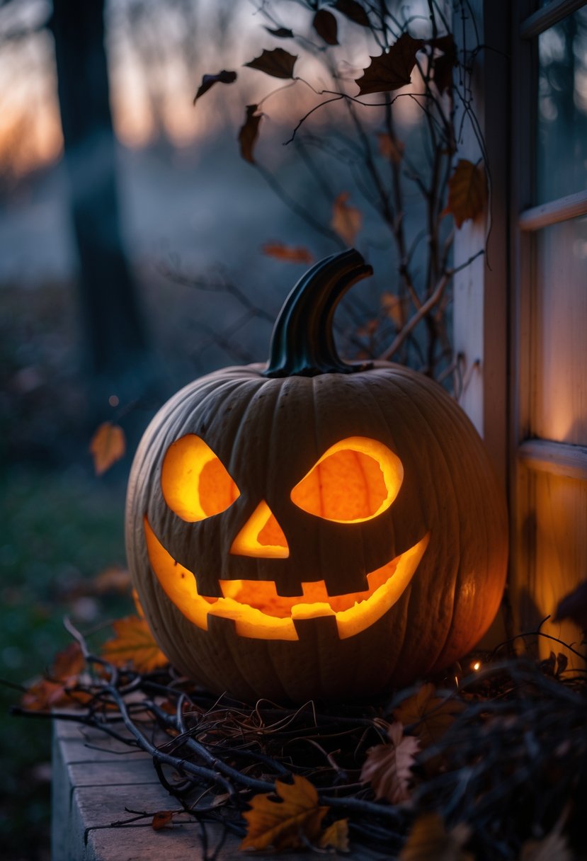 Scary Halloween Decorations 2025: Ideas to Transform Your Haunted Setup 7 A glowing carved pumpkin lantern with a scary face illuminated outdoors at dusk surrounded by autumn leaves and twigs.
