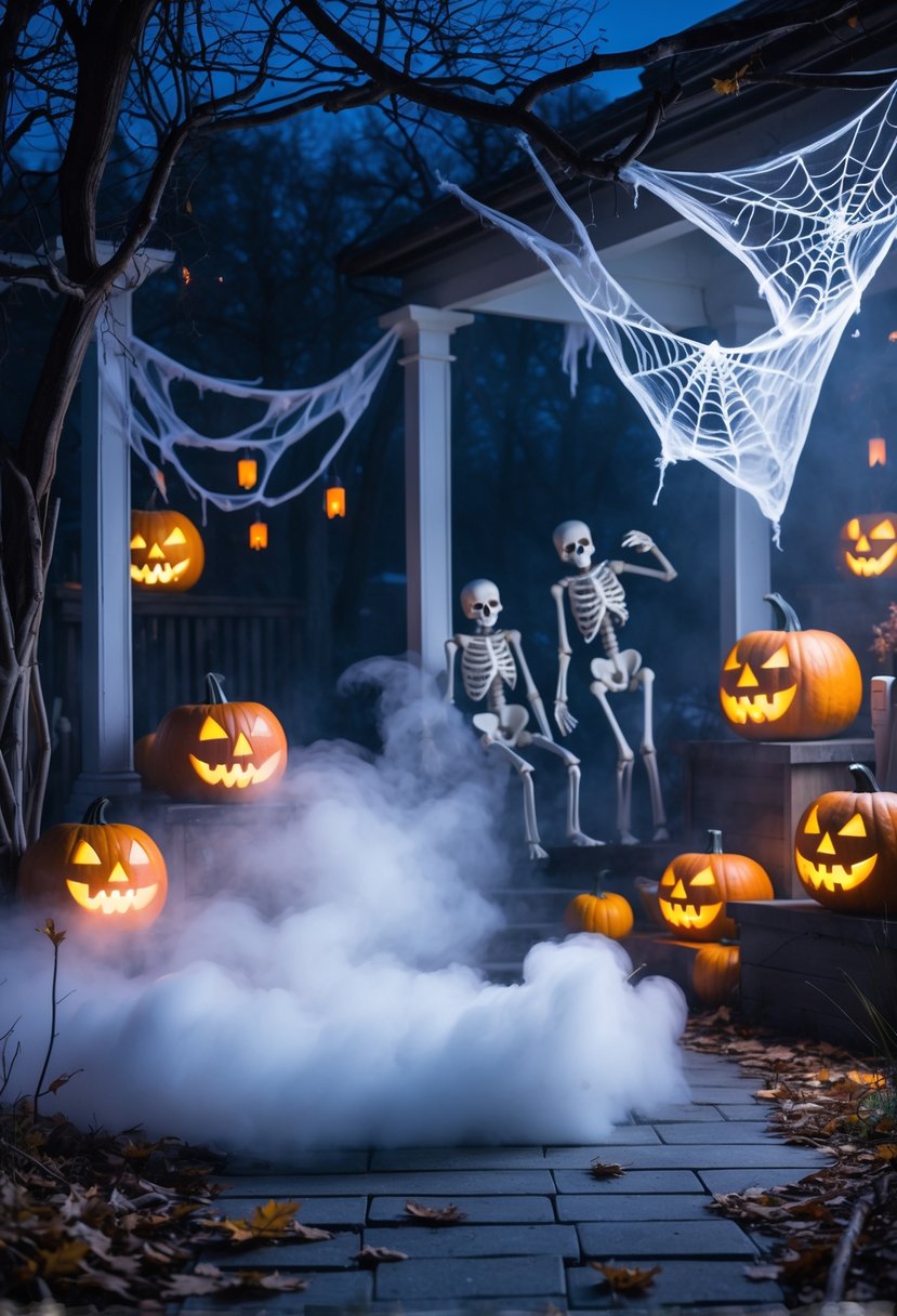 Scary Halloween Decorations 2025: Ideas to Transform Your Haunted Setup 8 A fog machine producing thick fog among Halloween decorations including glowing pumpkins, cobwebs, skeletons, and bats in a dark outdoor setting.