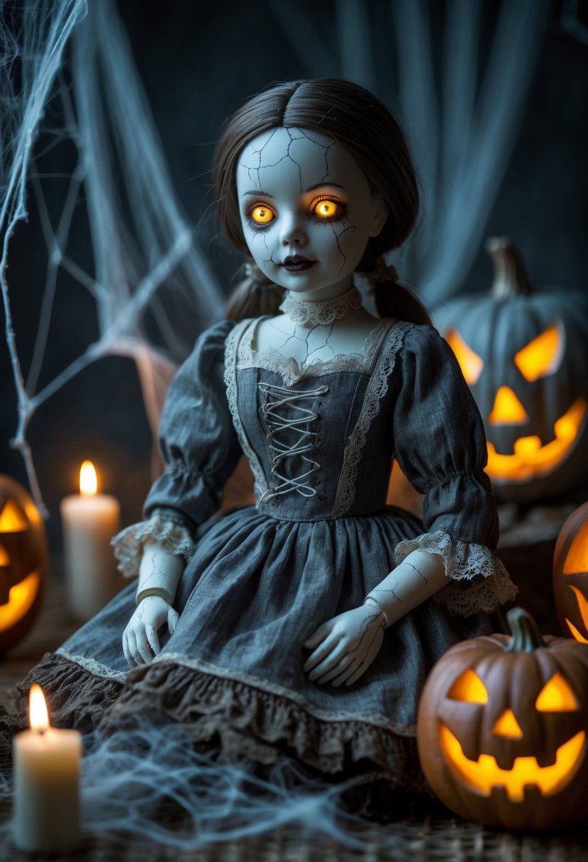 Scary Halloween Decorations 2025: Ideas to Transform Your Haunted Setup 9 A haunted doll with glowing eyes wearing a tattered dress surrounded by Halloween decorations like cobwebs, candles, and jack-o'-lanterns in a dark, spooky setting.