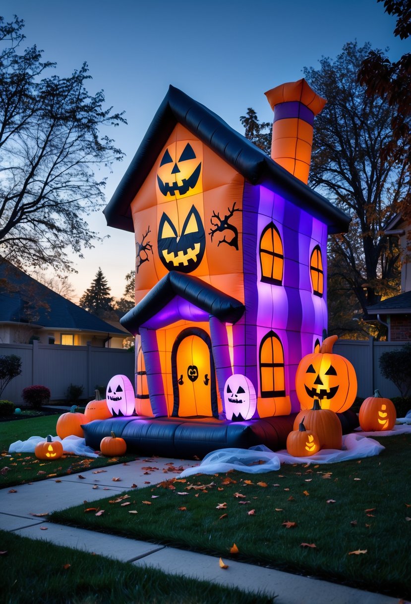 Scary Halloween Decorations 2025: Ideas to Transform Your Haunted Setup 12 An inflatable haunted house decoration set up in a backyard surrounded by pumpkins and autumn leaves during twilight.