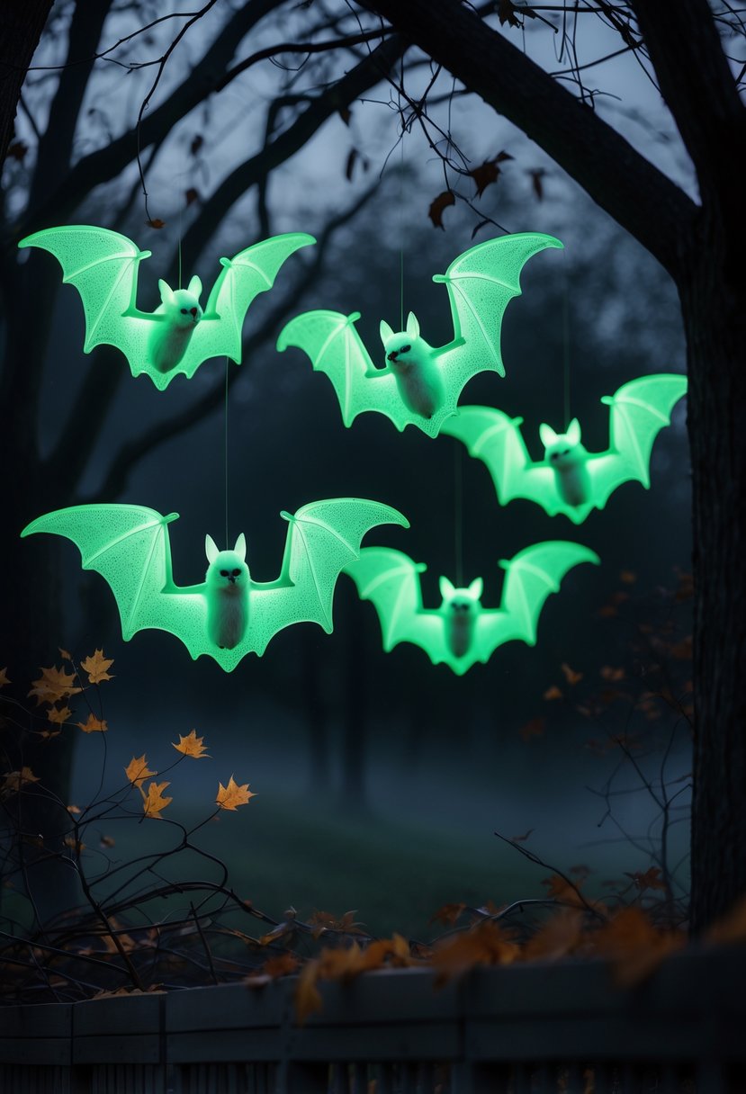 Scary Halloween Decorations 2025: Ideas to Transform Your Haunted Setup 13 Glowing bats hanging outdoors at night with autumn leaves and bare branches in the background.