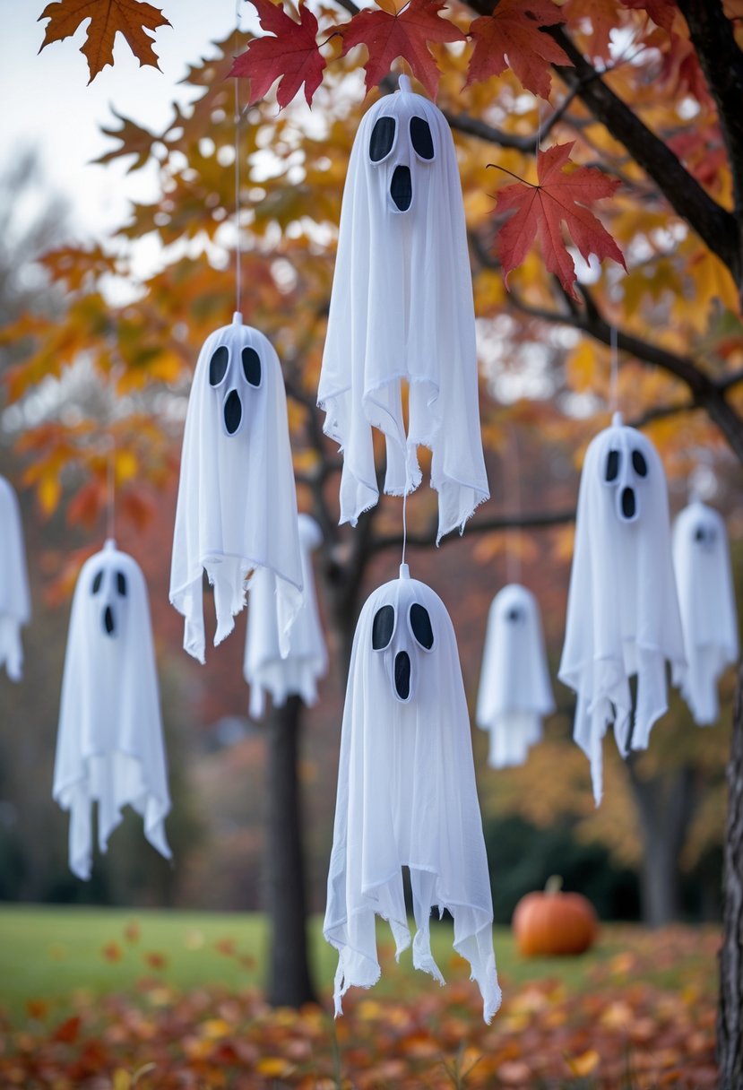 Scary Halloween Decorations 2025: Ideas to Transform Your Haunted Setup 14 Several hanging white ghost decorations among autumn trees with colorful leaves outdoors.