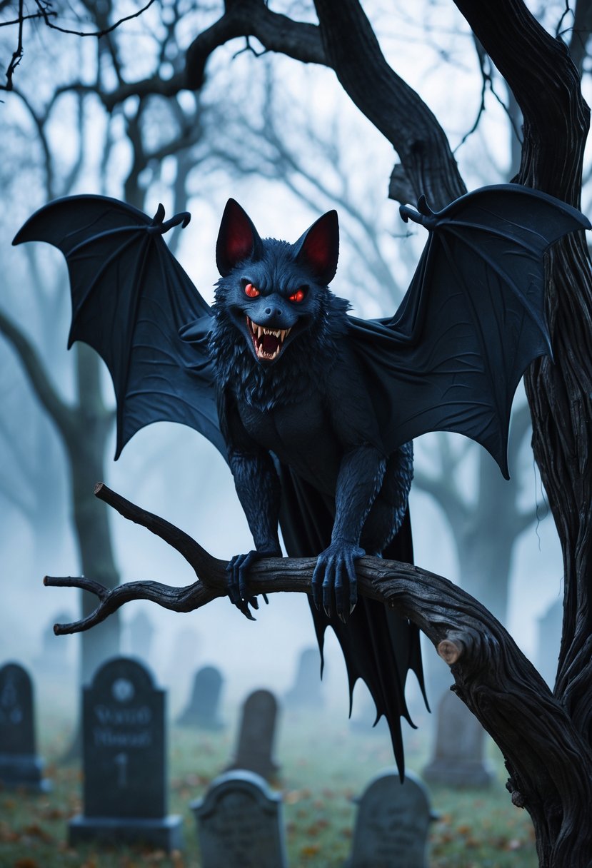 Scary Halloween Decorations 2025: Ideas to Transform Your Haunted Setup 15 An animated vampire bat Halloween decoration perched on a tree branch in a foggy graveyard at night.