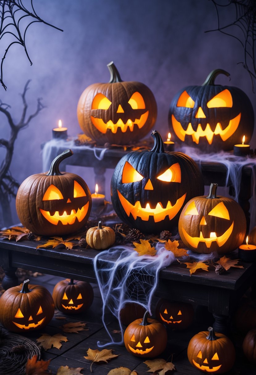 Scary Halloween Decorations 2025: Ideas to Transform Your Haunted Setup 16 A dark Halloween scene with glowing scary carved pumpkins, autumn leaves, candles, and cobweb decorations.