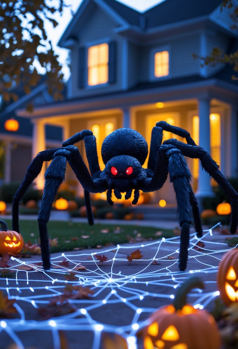Scary Halloween Decorations 2025: Ideas to Transform Your Haunted Setup 17 Large realistic animated spider Halloween decoration on a web in a front yard with pumpkins and autumn leaves at dusk.