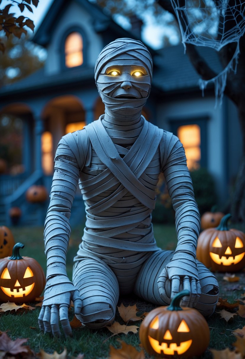 Scary Halloween Decorations 2025: Ideas to Transform Your Haunted Setup 23 An animated mummy decoration wrapped in white bandages standing outdoors at dusk with pumpkins, cobwebs, and autumn leaves around it.