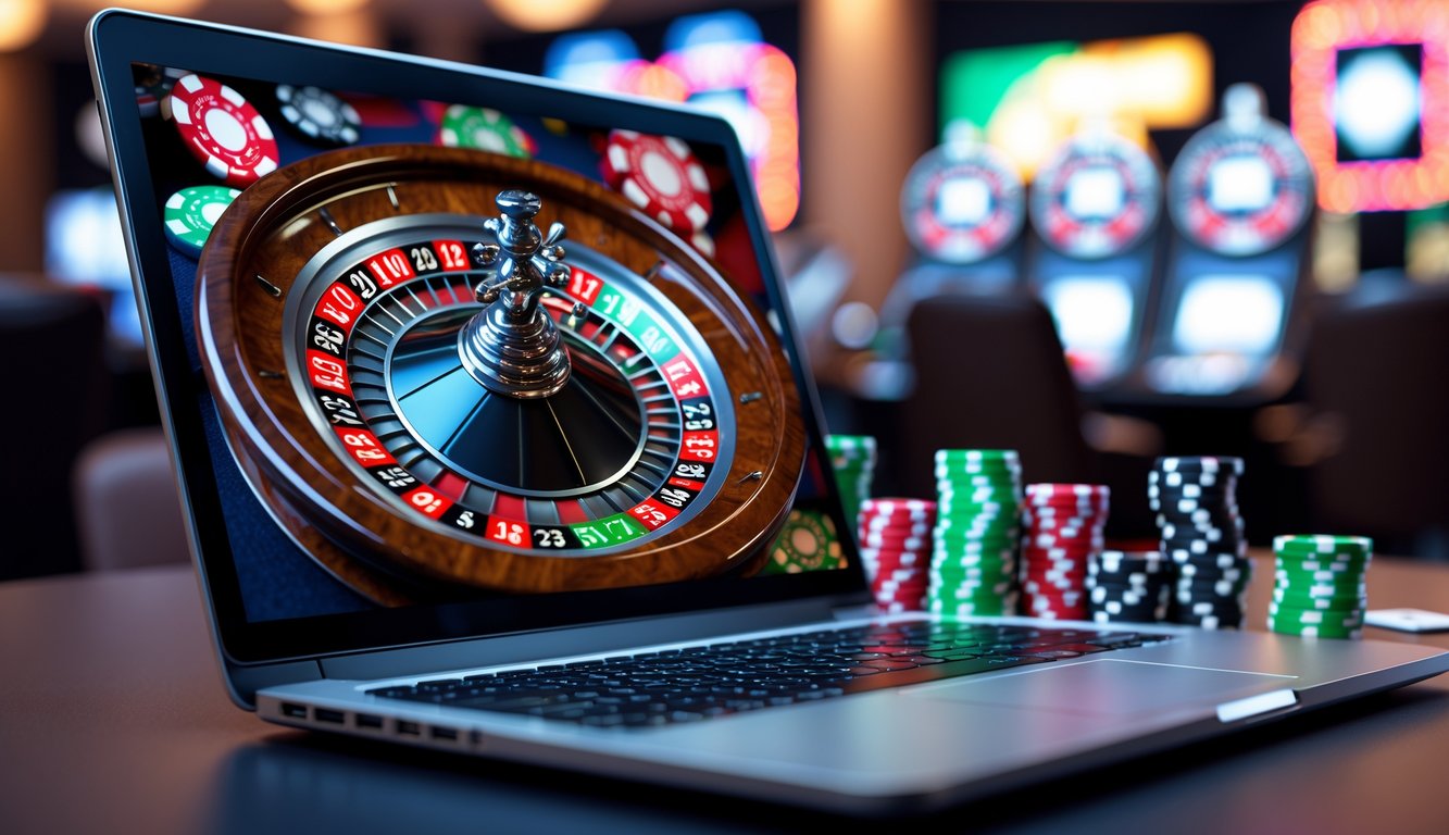 Layar laptop menampilkan permainan roulette online dengan roda roulette berwarna cerah yang sedang berputar.