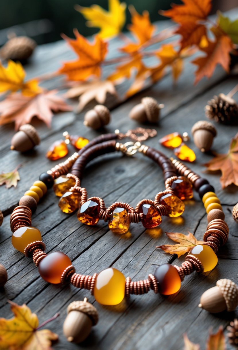 Handmade Autumn Jewelry Designs: 24 Unique Styles for Seasonal Elegance 2 An arrangement of handmade autumn-themed necklaces, bracelets, and earrings displayed on a wooden surface with autumn leaves and acorns.