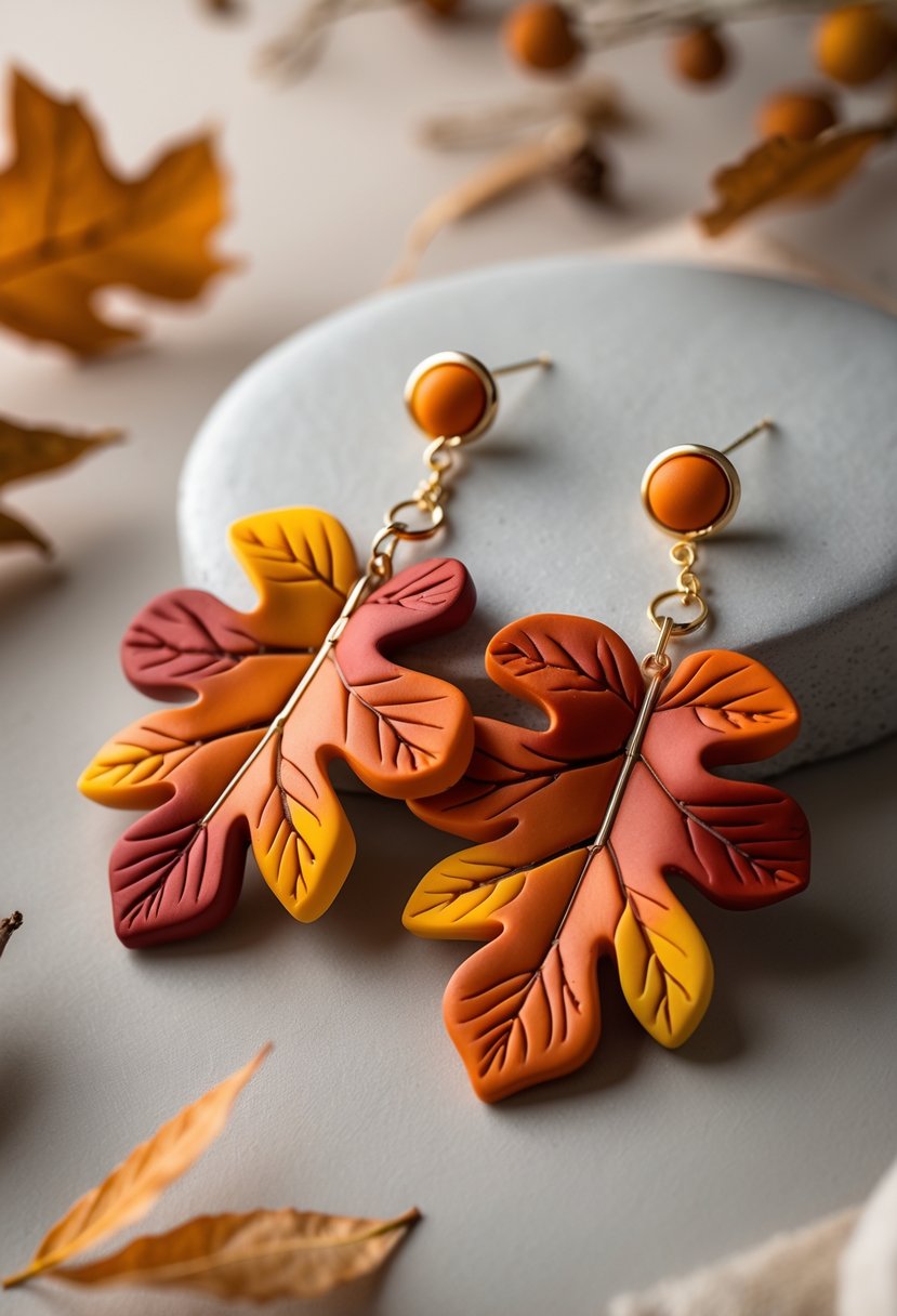 Handmade Autumn Jewelry Designs: 24 Unique Styles for Seasonal Elegance 3 A pair of handmade polymer clay earrings shaped like colorful autumn leaves displayed on a neutral background with scattered dried leaves.