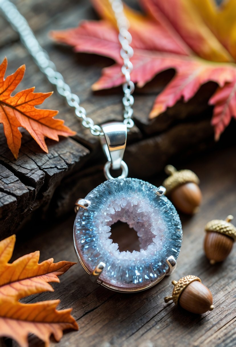 Handmade Autumn Jewelry Designs: 24 Unique Styles for Seasonal Elegance 4 Close-up of a handmade druzy gemstone pendant necklace resting on a wooden surface surrounded by autumn leaves and acorns.