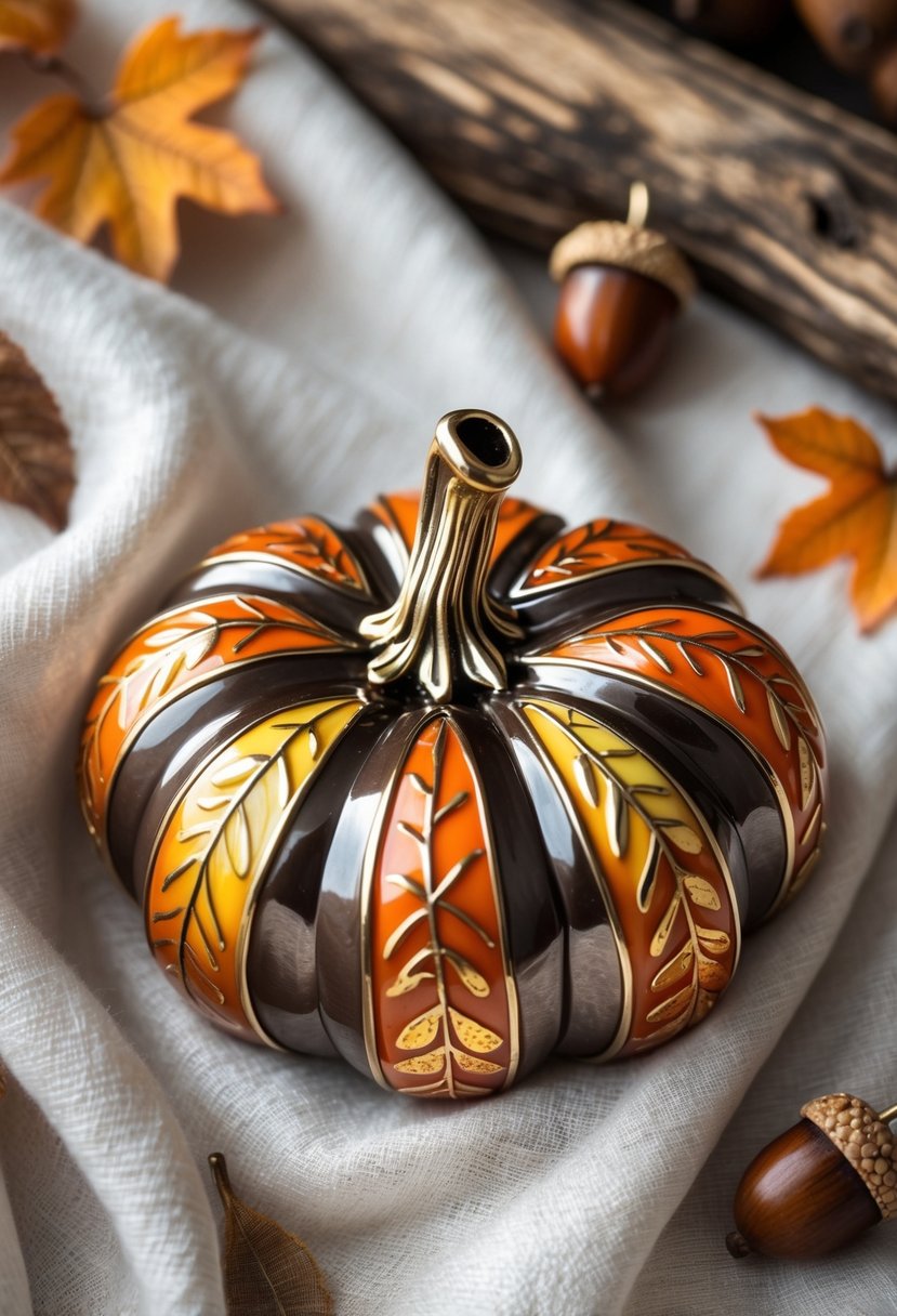 Handmade Autumn Jewelry Designs: 24 Unique Styles for Seasonal Elegance 6 A close-up of a pumpkin-shaped brooch resting on fabric with autumn leaves and acorns nearby.