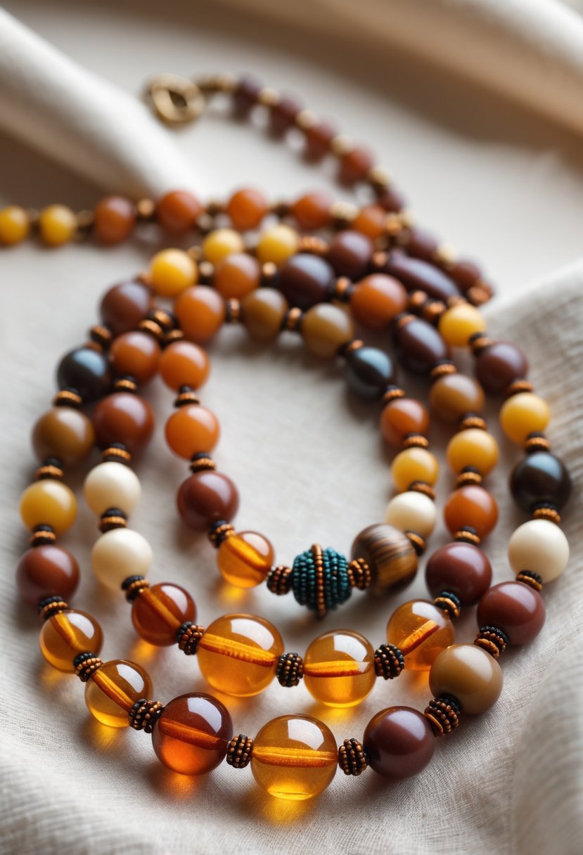 Handmade Autumn Jewelry Designs: 24 Unique Styles for Seasonal Elegance 7 A beaded necklace with warm autumn colors including orange, red, yellow, and brown, displayed on a soft fabric background.