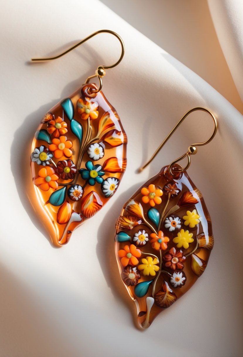 Handmade Autumn Jewelry Designs: 24 Unique Styles for Seasonal Elegance 8 Close-up of a pair of handmade leaf-shaped earrings with colorful glass patterns in autumn colors.