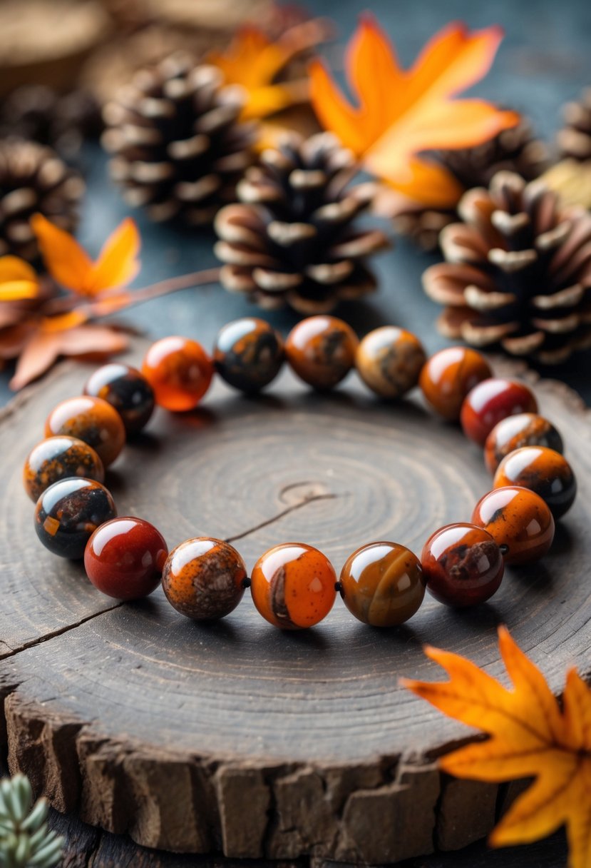 Handmade Autumn Jewelry Designs: 24 Unique Styles for Seasonal Elegance 9 A natural jasper stone bracelet with autumn-colored beads displayed on a wooden surface surrounded by dried leaves and pine cones.