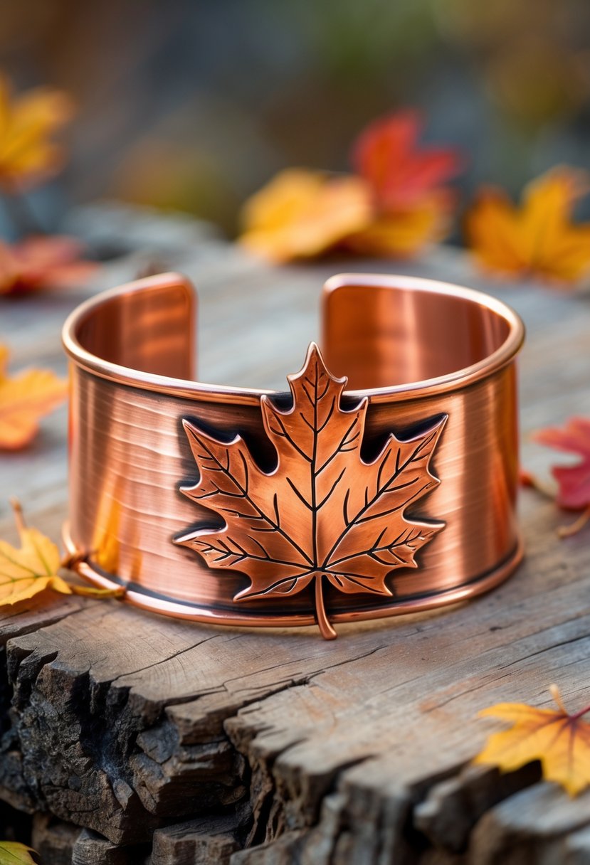 Handmade Autumn Jewelry Designs: 24 Unique Styles for Seasonal Elegance 11 A copper cuff bracelet with a detailed maple leaf design resting on a wooden surface surrounded by autumn leaves.