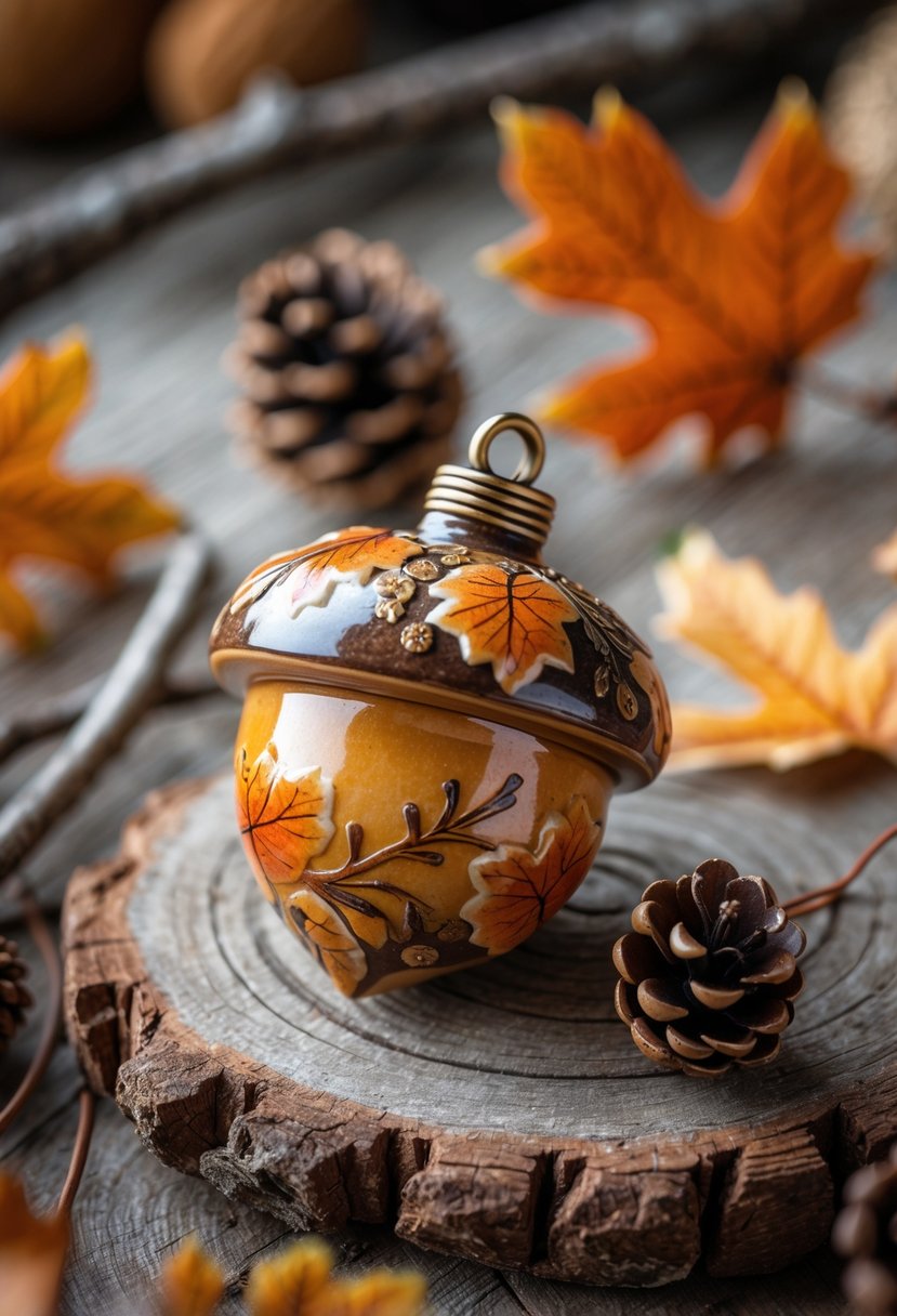 Handmade Autumn Jewelry Designs: 24 Unique Styles for Seasonal Elegance 13 A hand-painted ceramic acorn pendant on a wooden surface surrounded by autumn leaves and pine cones.