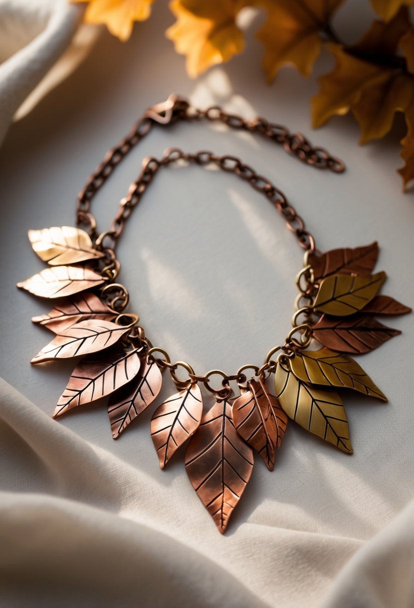 Handmade Autumn Jewelry Designs: 24 Unique Styles for Seasonal Elegance 14 A close-up of a layered brass and copper necklace shaped like autumn leaves on a neutral background.