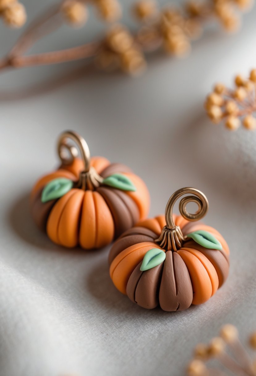 Handmade Autumn Jewelry Designs: 24 Unique Styles for Seasonal Elegance 15 A pair of handmade pumpkin-shaped earrings made from polymer clay, displayed on a neutral background.