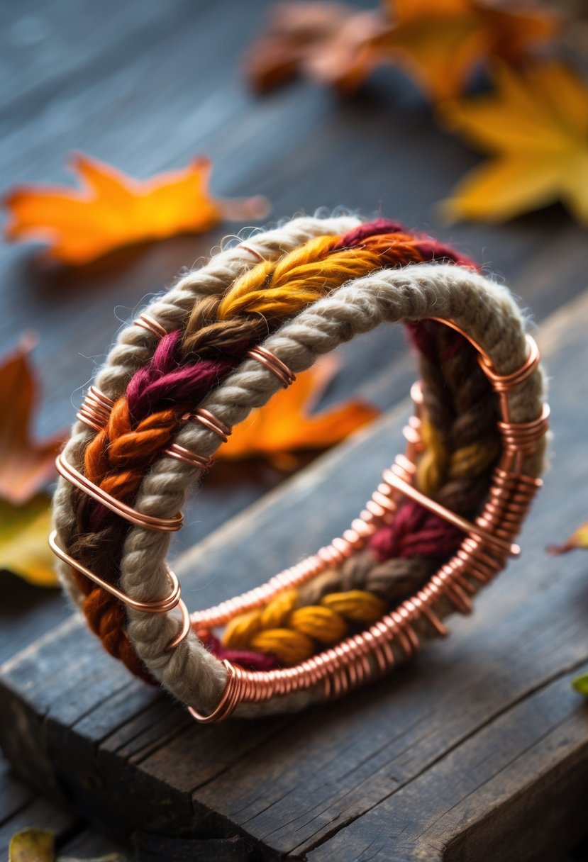 Handmade Autumn Jewelry Designs: 24 Unique Styles for Seasonal Elegance 16 Close-up of a handwoven wool and copper bracelet resting on a wooden surface with autumn leaves around it.