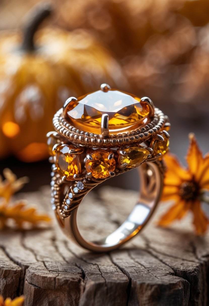 Handmade Autumn Jewelry Designs: 24 Unique Styles for Seasonal Elegance 17 Close-up of a handcrafted ring with citrine and topaz gemstones placed on a wooden surface surrounded by autumn leaves.