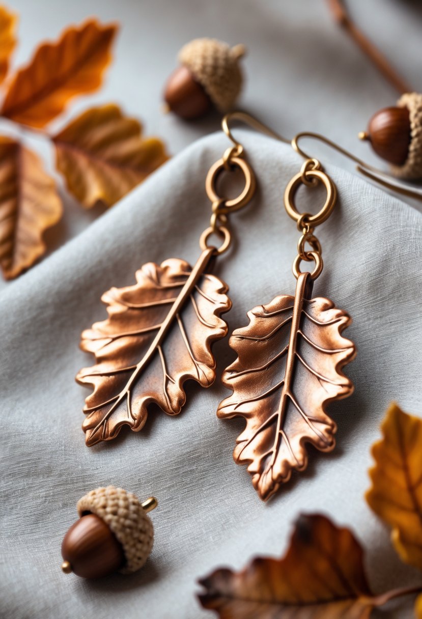 Handmade Autumn Jewelry Designs: 24 Unique Styles for Seasonal Elegance 18 A pair of bronze oak leaf dangle earrings displayed on a soft fabric with autumn leaves and acorns around them.