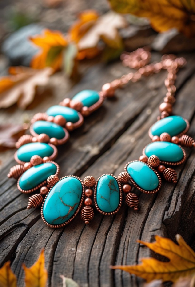 Handmade Autumn Jewelry Designs: 24 Unique Styles for Seasonal Elegance 19 A handmade turquoise and copper necklace displayed on a wooden surface surrounded by autumn leaves.