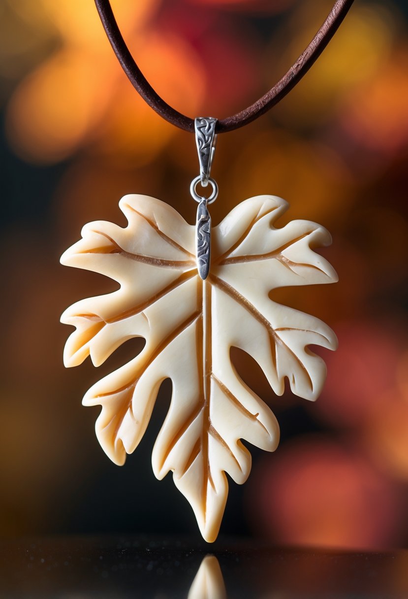 Handmade Autumn Jewelry Designs: 24 Unique Styles for Seasonal Elegance 20 Close-up of a carved bone leaf pendant on a leather cord with autumn colors in the background.