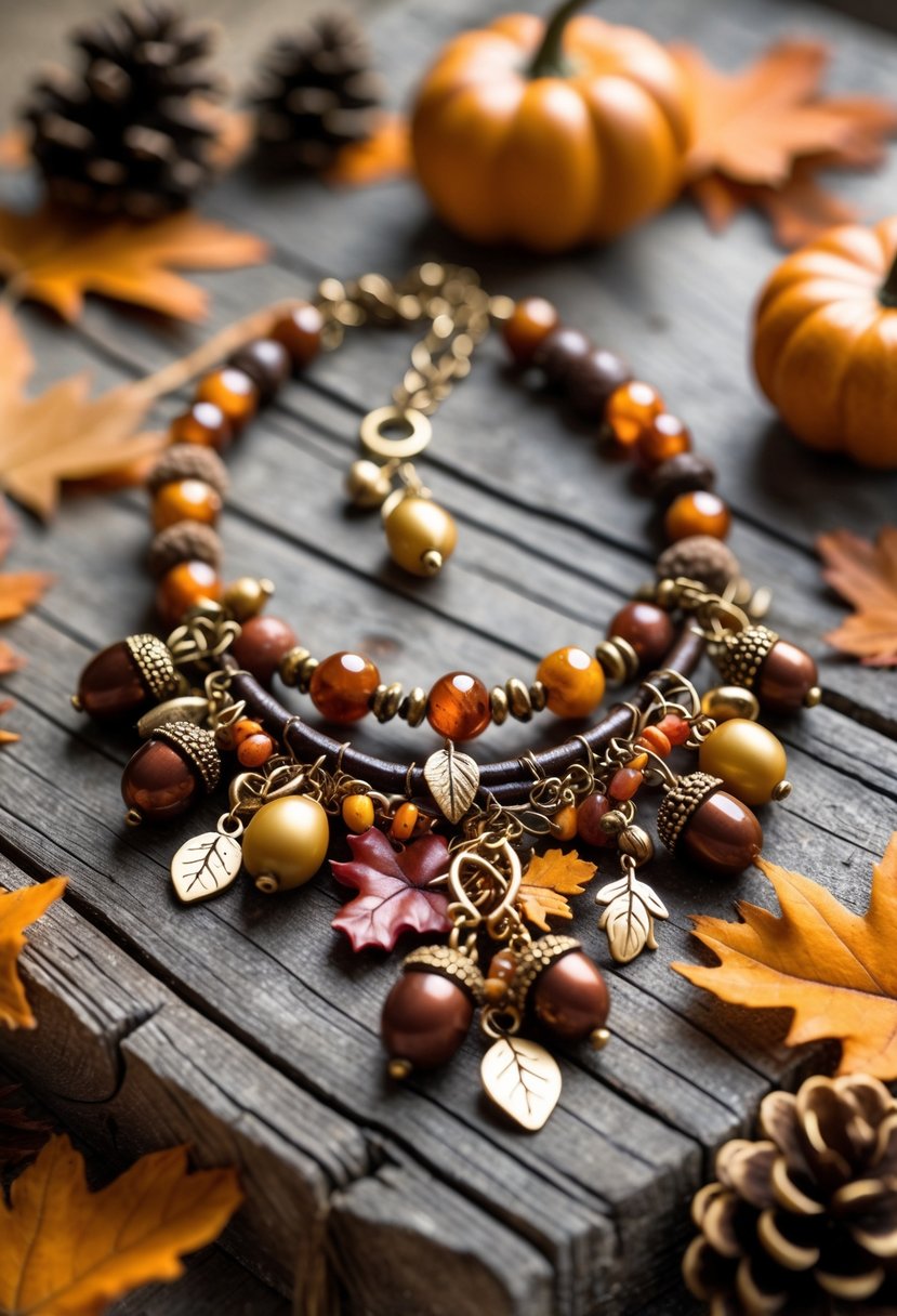 Handmade Autumn Jewelry Designs: 24 Unique Styles for Seasonal Elegance 21 A handmade autumn charm necklace with leaf and acorn charms displayed on a wooden surface surrounded by autumn leaves and pine cones.